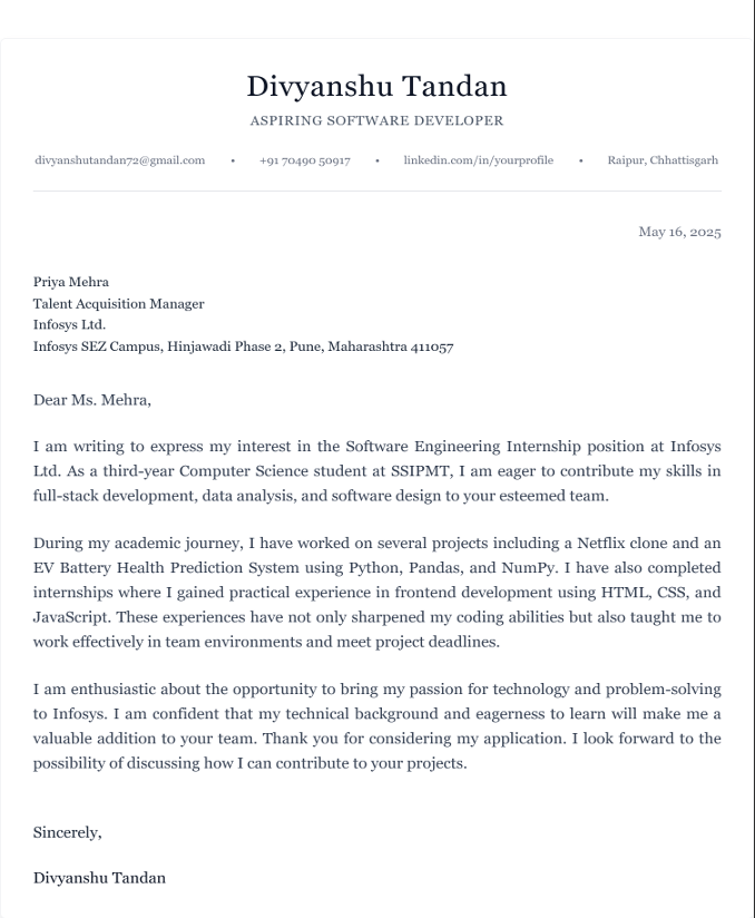 Entry Level Engineer cover letter example