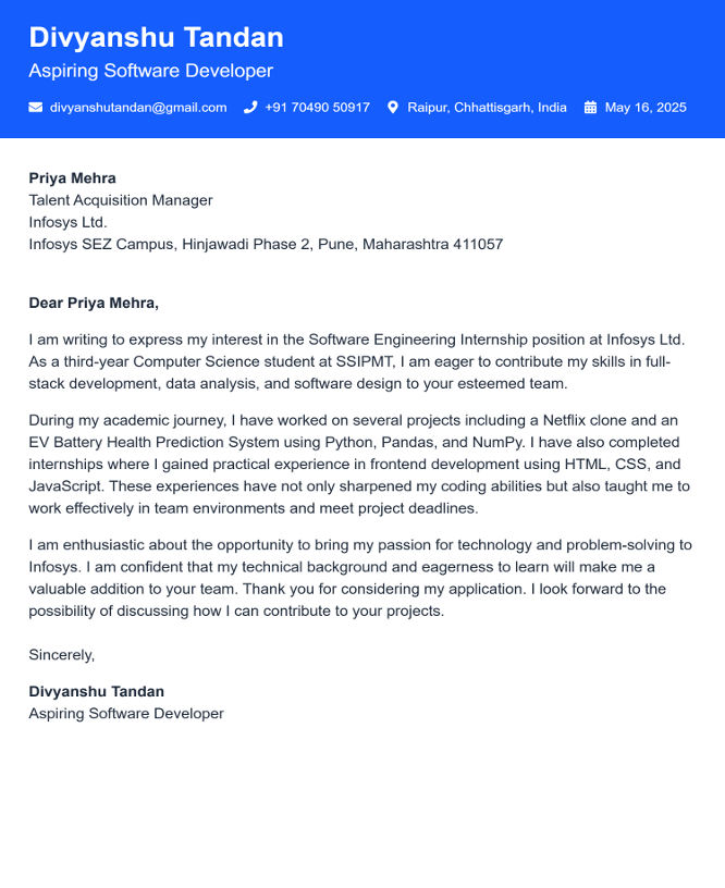 Data Engineer cover letter example